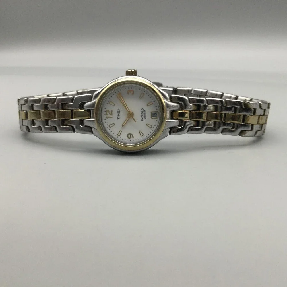 Timex Indiglo 50M Womens Watch 24mm White Dial Two Tone Date New Battery 7.75